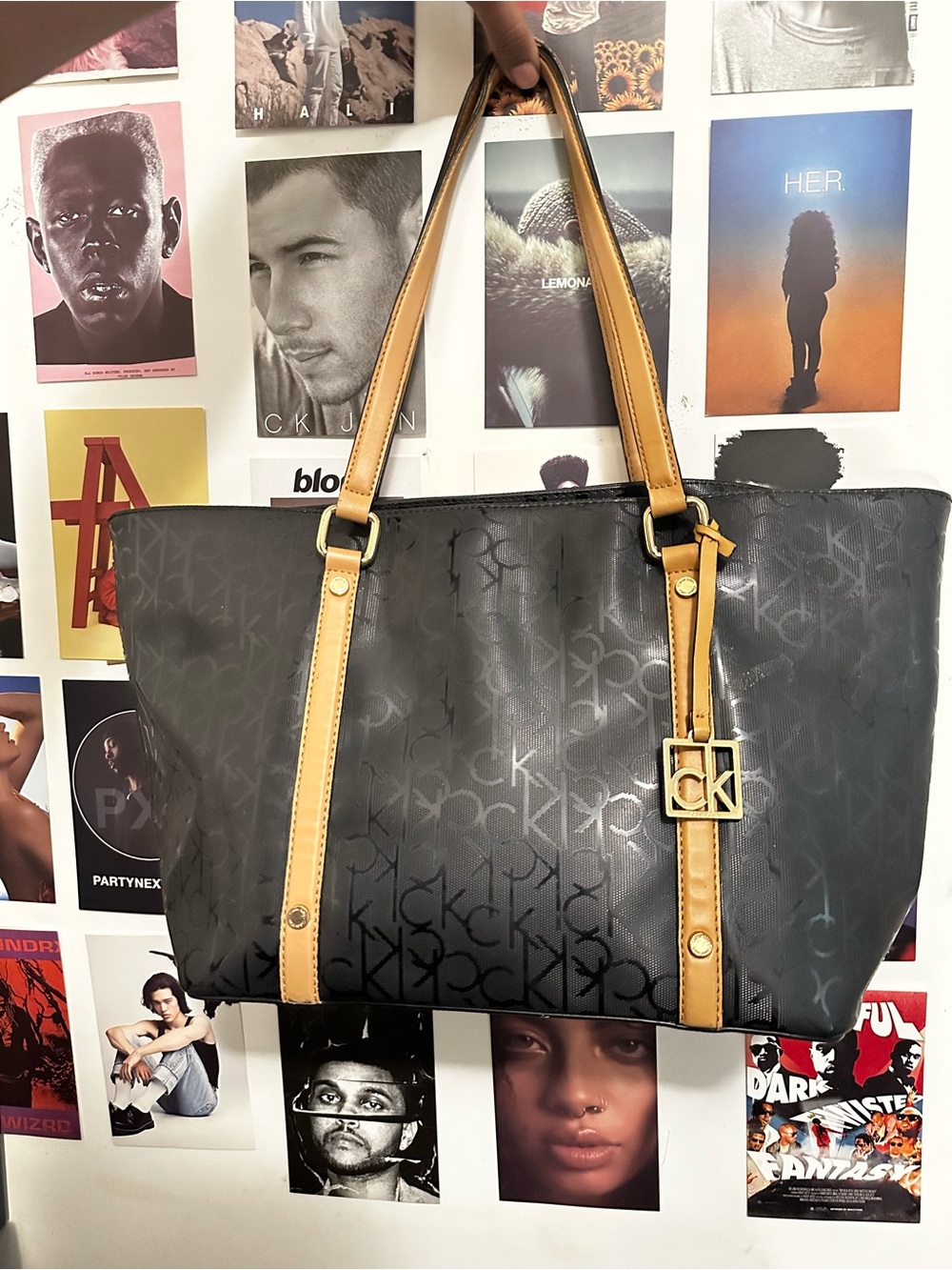 Calvin Klein Black Monogram Tote with Tan Accents